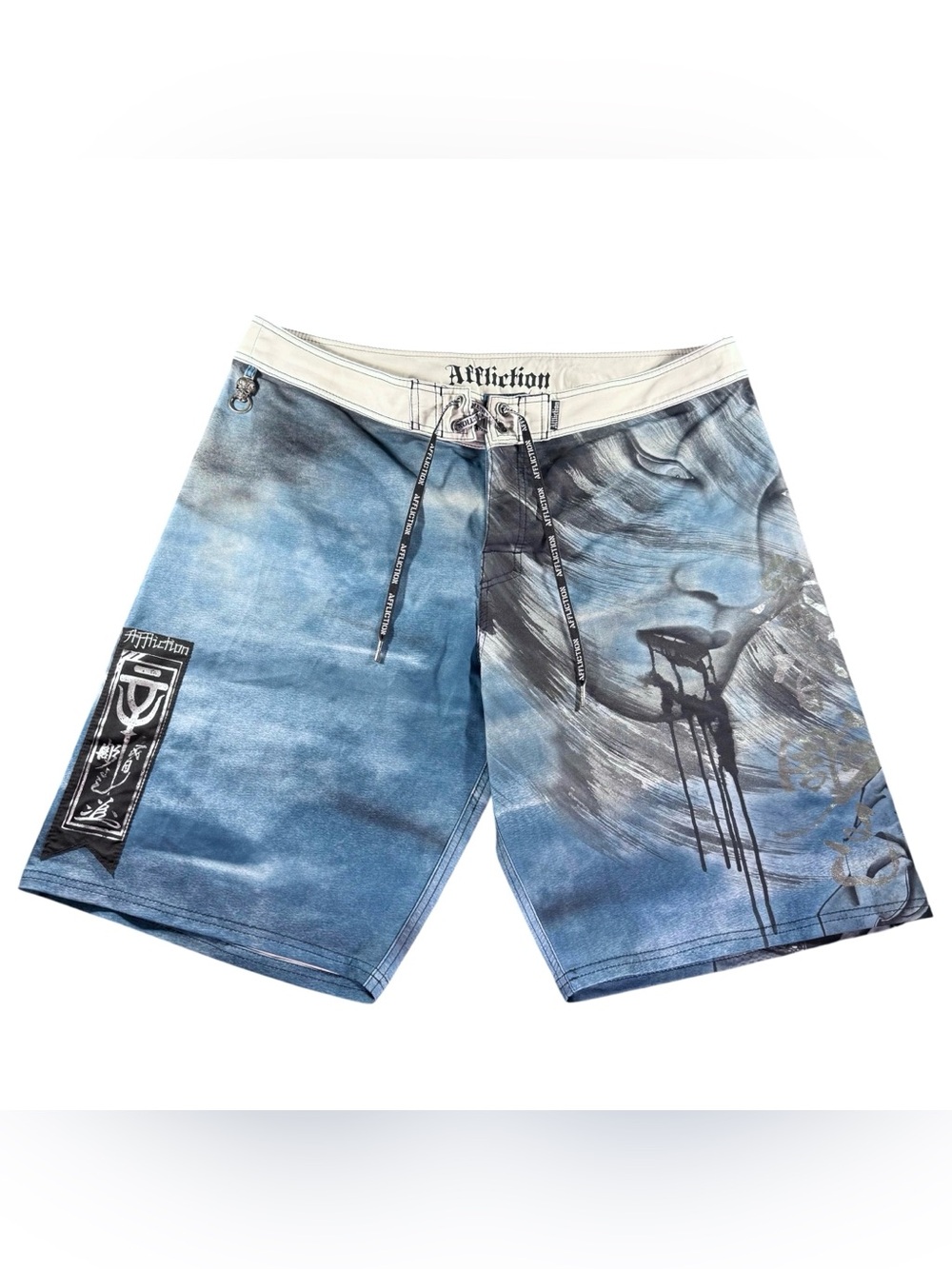 Affliction Board Shorts Size Men’s 42 Blue Samurai Skull Graphic Trunks Y2K
